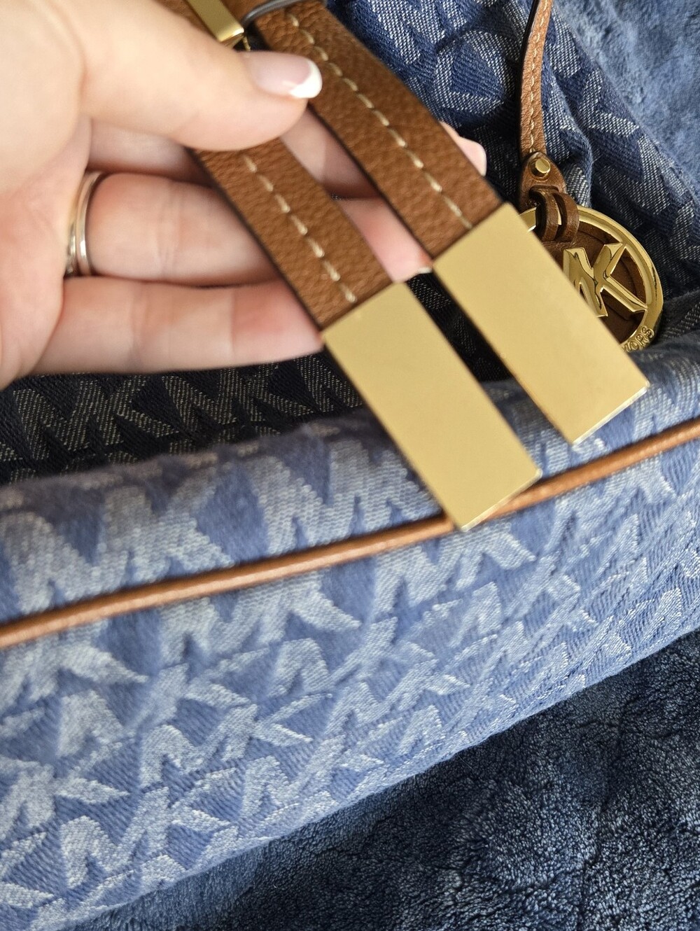 Vintage Michael Kors Denim MK Monogram and Tan Leather Drawstring Shoulder Bag - Picture 5 of 10